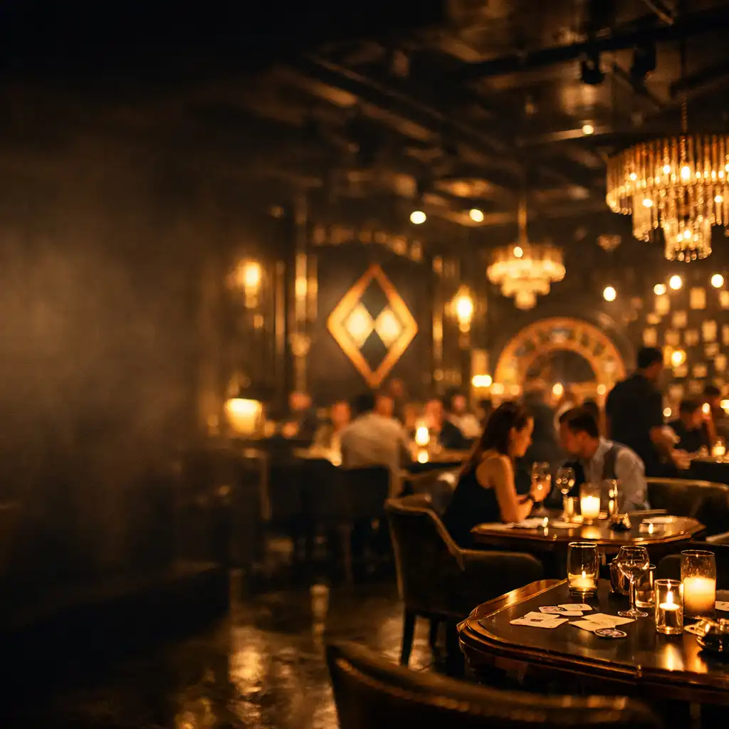 Restaurant loft élégant avec lumière dorée