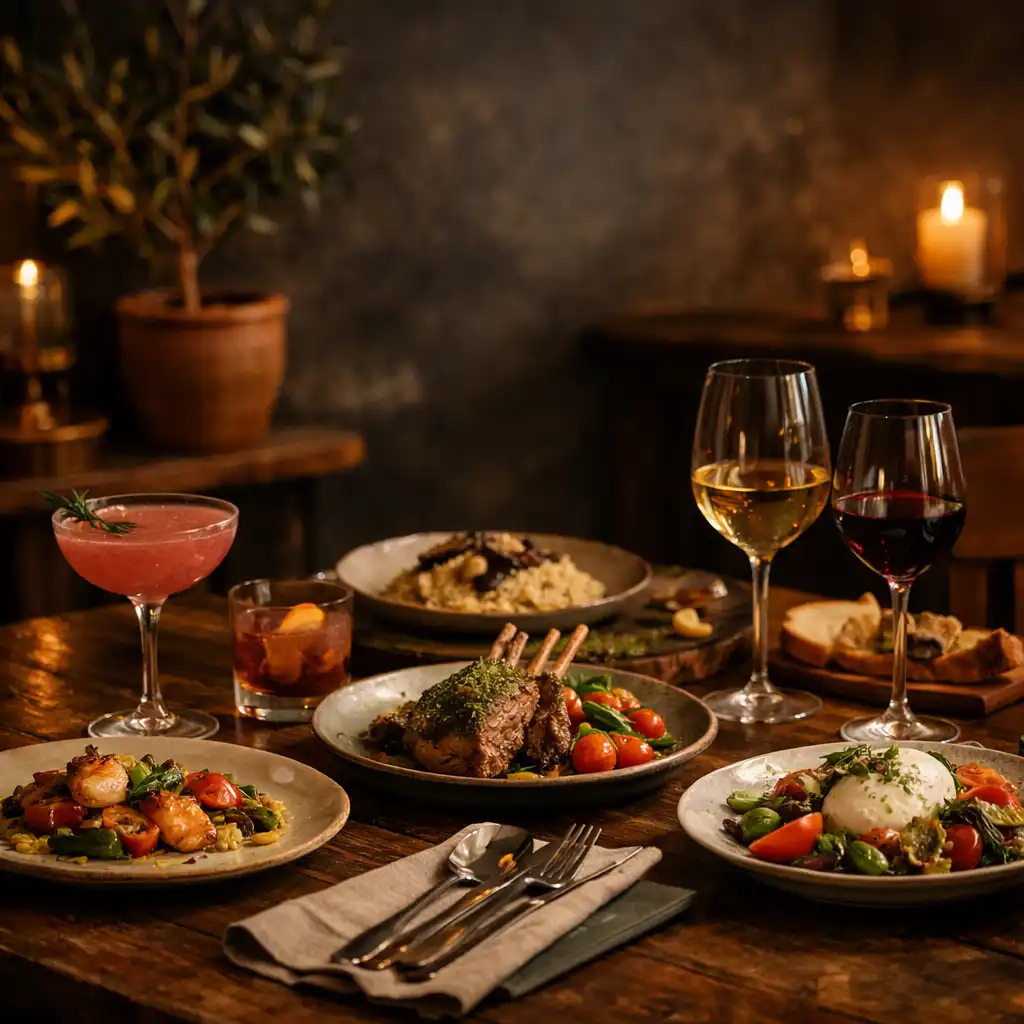 Table gastronomique provençale avec plats et cocktails