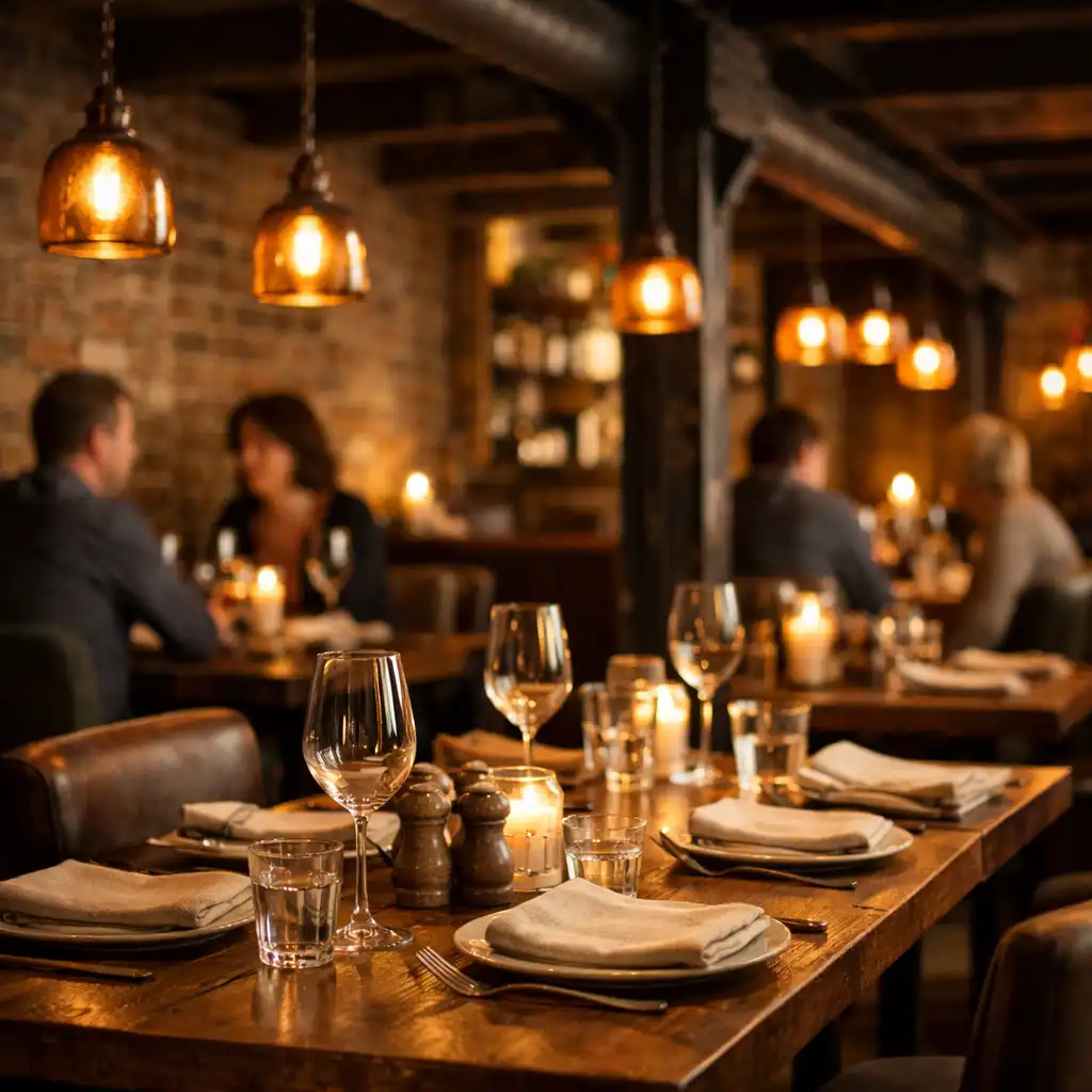 Salle de restaurant avec tables en bois et lumière chaude